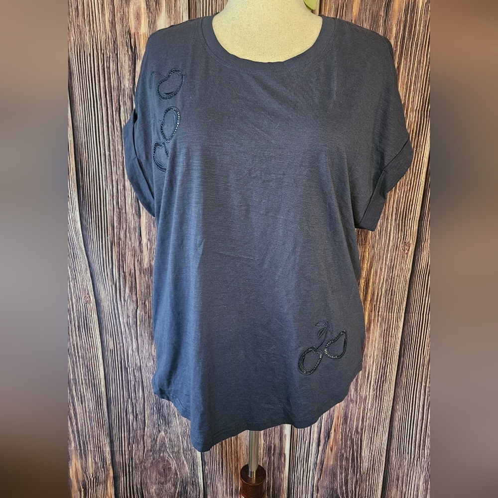 Jane and Delancey Black Short Sleeve Tee with Embellished Appliqués